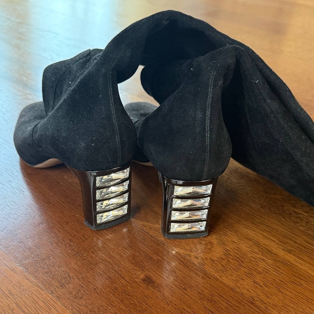 Miu Miu Black Suede Heeled Boots with Silver Accents